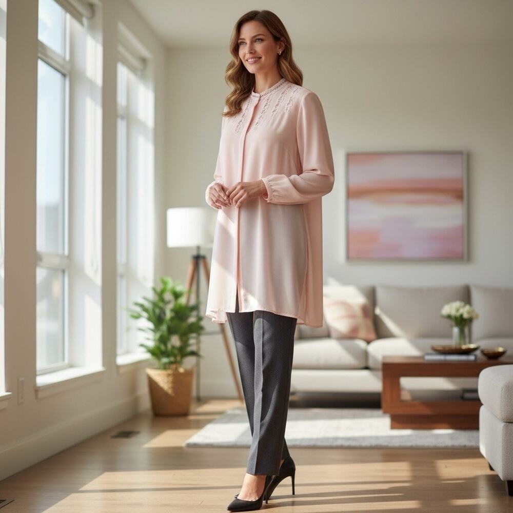Elie Tahari 100% Silk Blush Pink Cutwork Embroidery Long Sleeve Tunic Top Size L - Picture 9 of 9